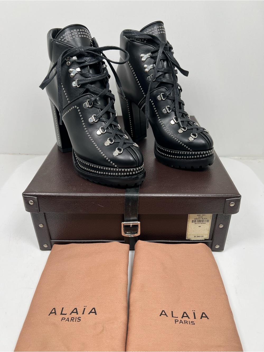 ALAÏA Paris Black Leather Studded Lace Up Platform Ankle Boots EU 36 US 6